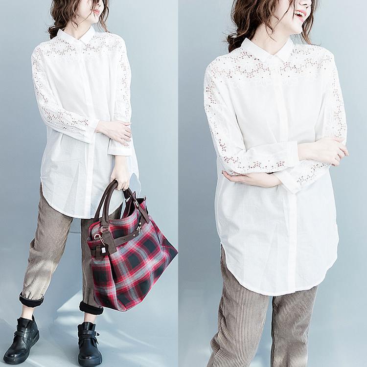 fall lace sleeve white cotton blouses womens plus size shirts - Omychic