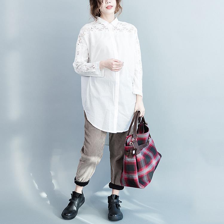 fall lace sleeve white cotton blouses womens plus size shirts - Omychic