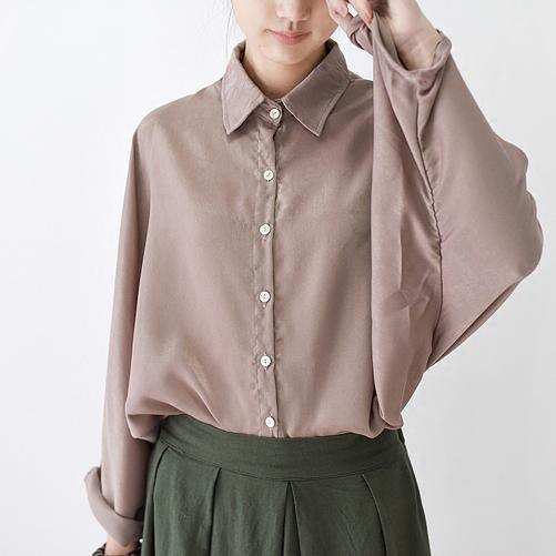 fall light khaki silk shirt blouse oversized top - Omychic