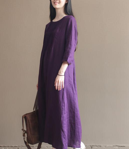 Fall Purple Linen Dresses Bracelet Sleeve Pleated Linen Maxi Dress Gowns - Omychic