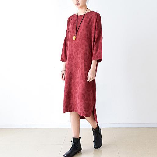 fall red linen dress floral oversized cotton dresses - Omychic