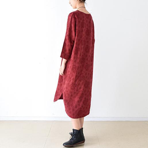 fall red linen dress floral oversized cotton dresses - Omychic