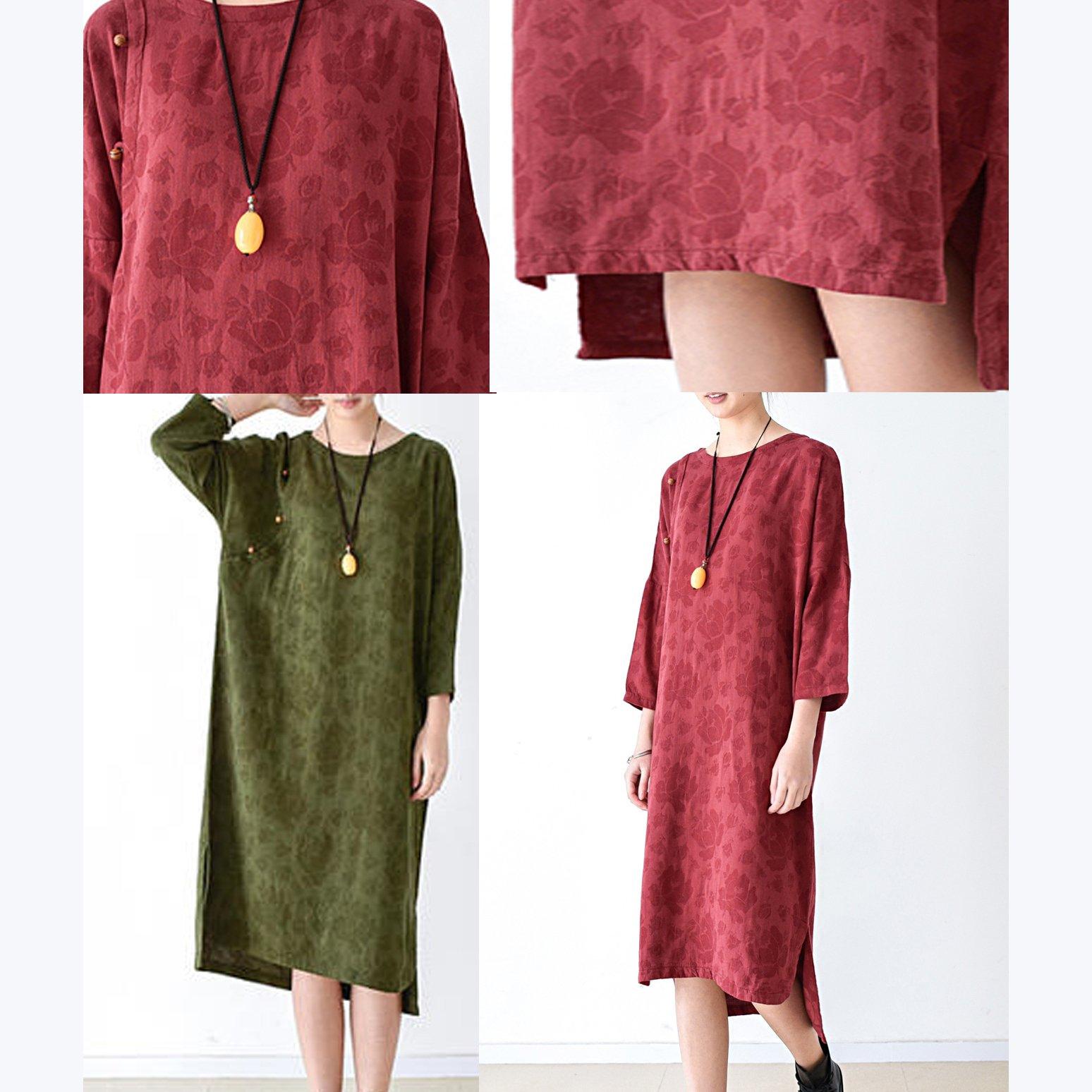 fall red linen dress floral oversized cotton dresses - Omychic
