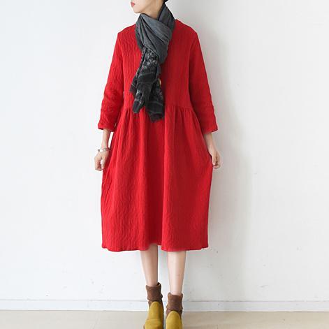 fall red linen dresses pleated design at wasit falttering cut - Omychic