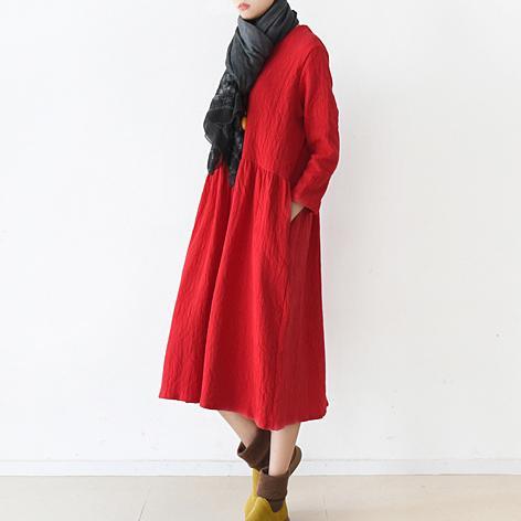 fall red linen dresses pleated design at wasit falttering cut - Omychic