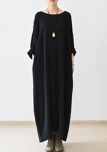 fall thin black linen dresses long sleeve linen caftans gown - Omychic