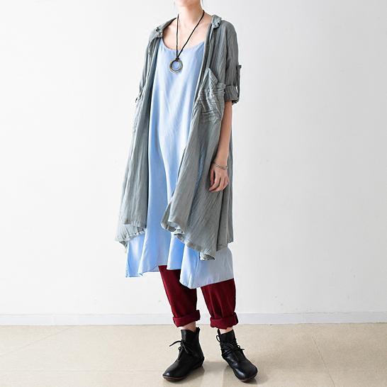 gray linen cardigans plus size linen coat buttons back - Omychic