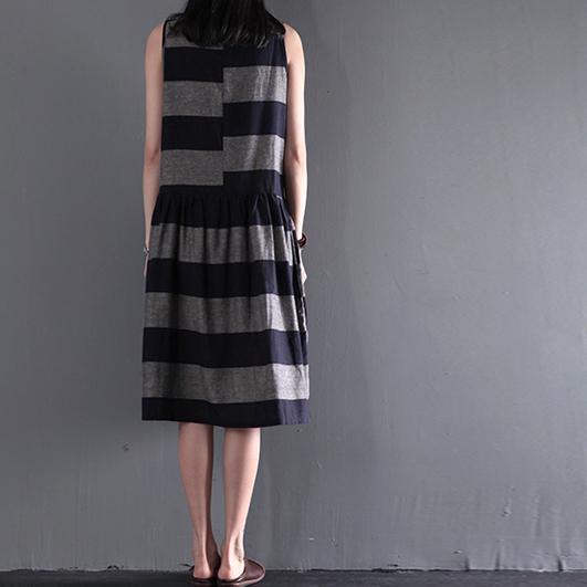 gray strip linen sundress summer sleeveless fit flare dress - Omychic