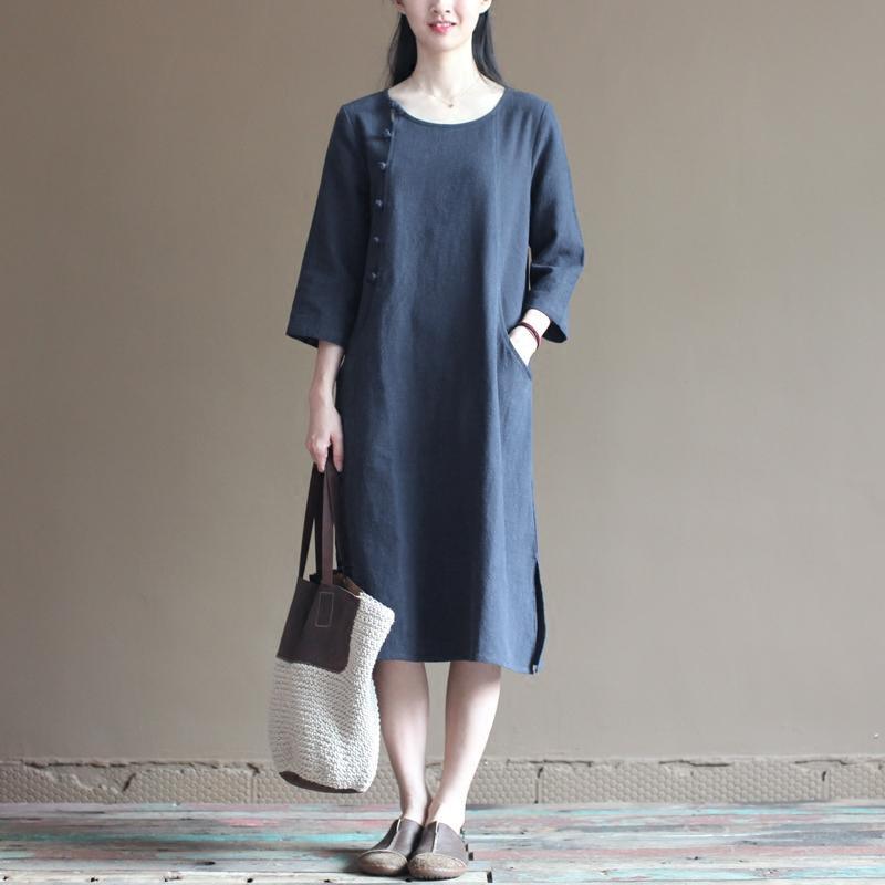 half sleeve navy linen dress summer spring maxi dresses casual style - Omychic