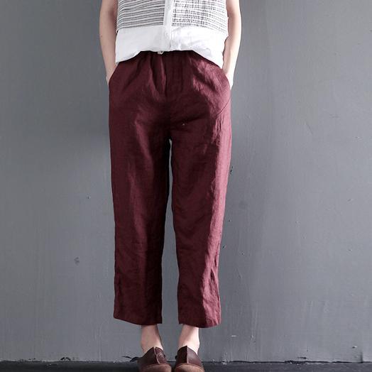 linen summer pants crop women pants dark red - Omychic