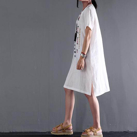 linen sundress white short sleeve summer dresses plus size blouse - Omychic