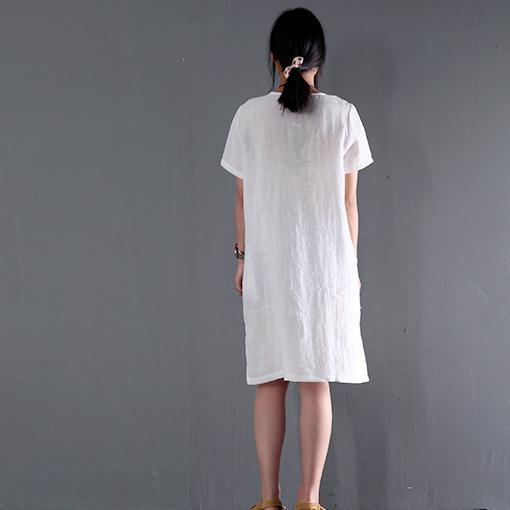 linen sundress white short sleeve summer dresses plus size blouse - Omychic