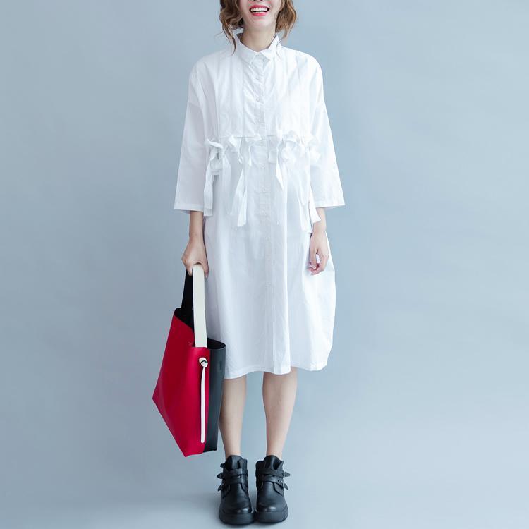 long sleeve bows white cotton dresses plus size tent dress long cotton maternity shirts blouse cute design - Omychic