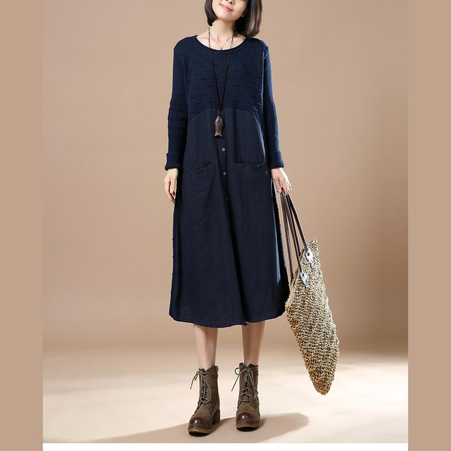 navy knitted dresses long sweaters woman new pattern knit - Omychic