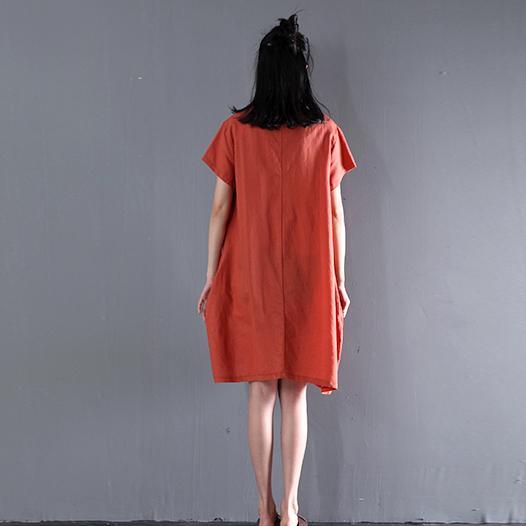 orange summer dress Embroideries flower linen sundresses plus size shift dress - Omychic