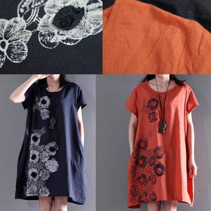 orange summer dress Embroideries flower linen sundresses plus size shift dress - Omychic
