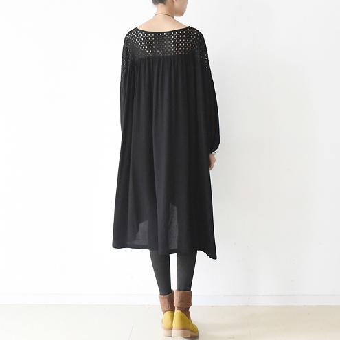 oversized black cotton dresses hollowed shoulder linen dress bust 160cm - Omychic