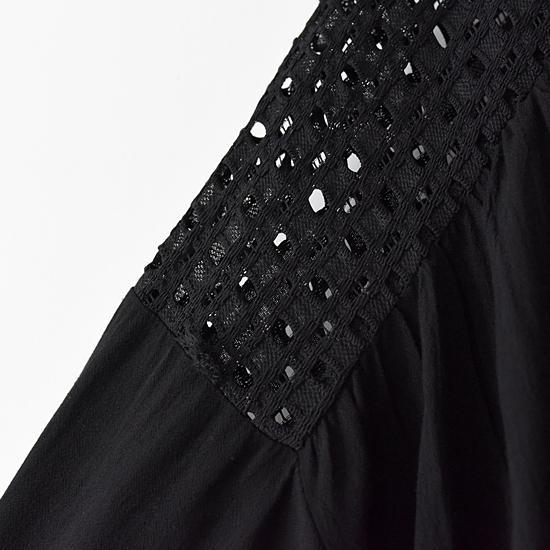 oversized black cotton dresses hollowed shoulder linen dress bust 160cm - Omychic