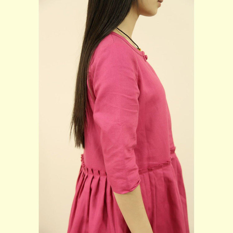 pink linen maxi dress linen sundress half sleeve plus size retro summer dresses - Omychic