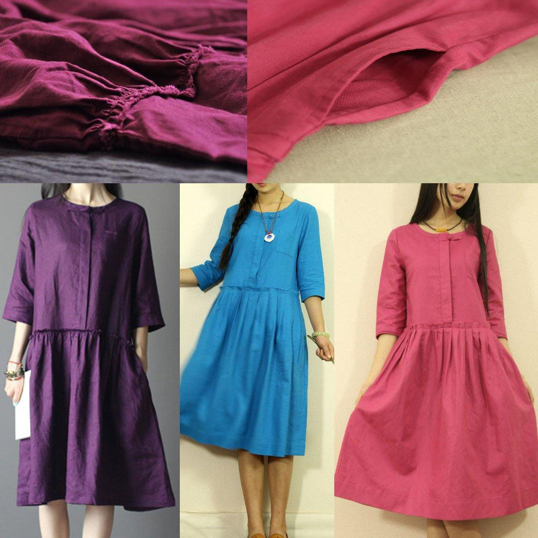 pink linen maxi dress linen sundress half sleeve plus size retro summer dresses - Omychic