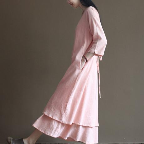 pink spring layered linen dress long maxi dresses - Omychic