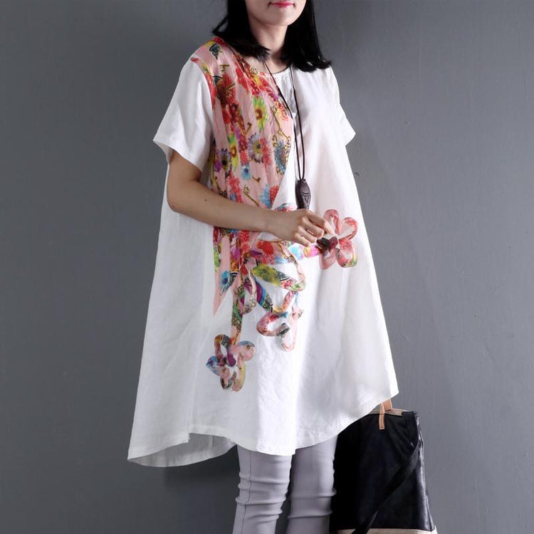 plus size White linen summer blouse shirt dress floral sundress - Omychic