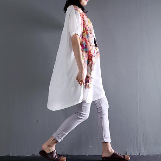 plus size White linen summer blouse shirt dress floral sundress - Omychic