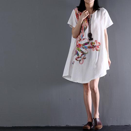 plus size White linen summer blouse shirt dress floral sundress - Omychic