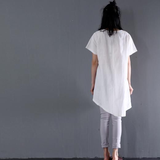 plus size White linen summer blouse shirt dress floral sundress - Omychic