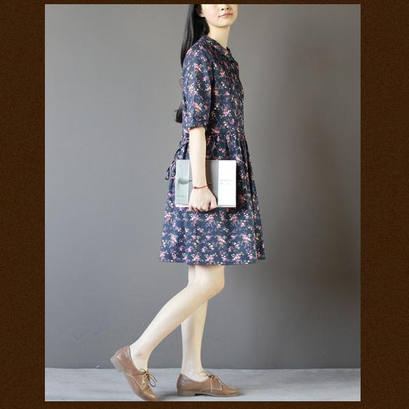 retro blue floral sundress short summer dresses half sleeve - Omychic