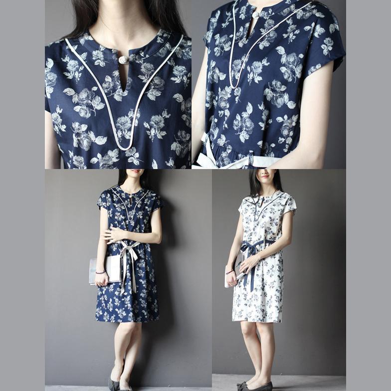 retro navy print tunic sundress plus size summer cotton dresses - Omychic