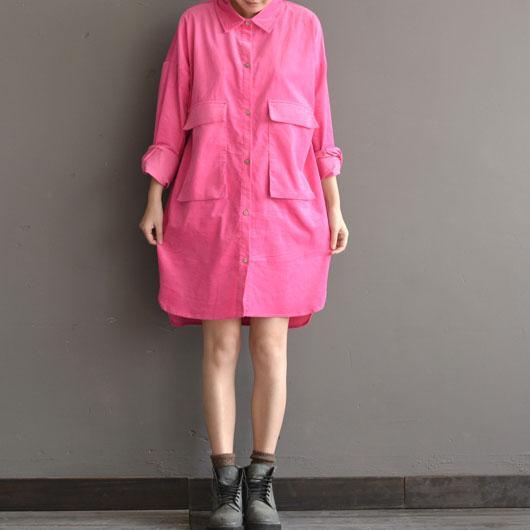 retro pink corduroy spring dress shift dresses cotton shirt dress - Omychic