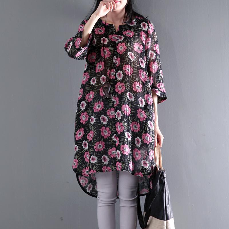 summer black linen dress half sleeve floral sundress asymmetric design - Omychic