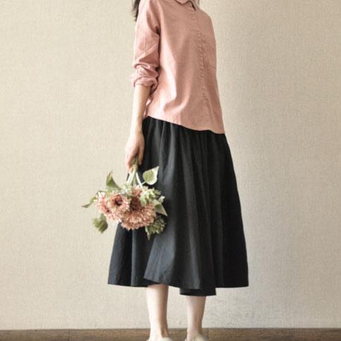 summer black vintage linen skirt casual A line cotton skirts cotton elastic waist - Omychic