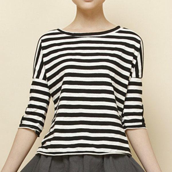 summer women striped T shirt tunic cotton shirt o neck bouse top half sleeve black and white - Omychic