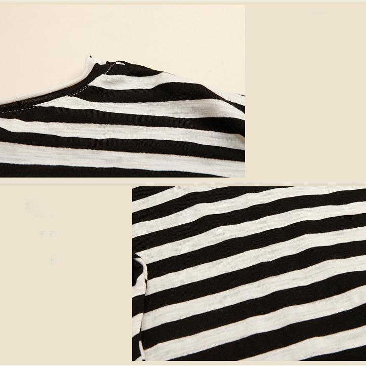 summer women striped T shirt tunic cotton shirt o neck bouse top half sleeve black and white - Omychic