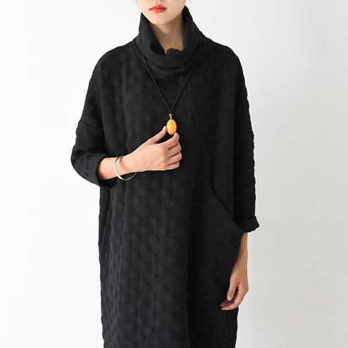 winter black long dresses plus size cotton dresses dotted turtle neck - Omychic
