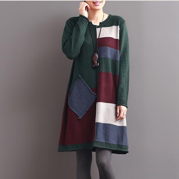 winter blackish green patchwork knit dresses long sweaters - Omychic