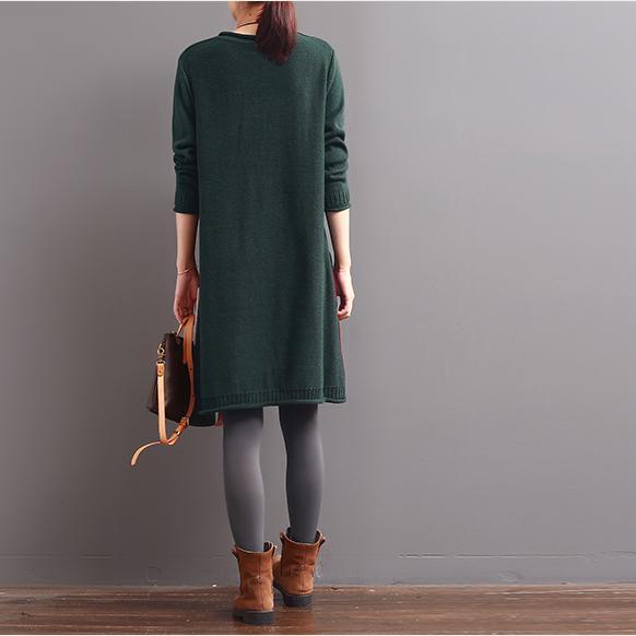 winter blackish green patchwork knit dresses long sweaters - Omychic