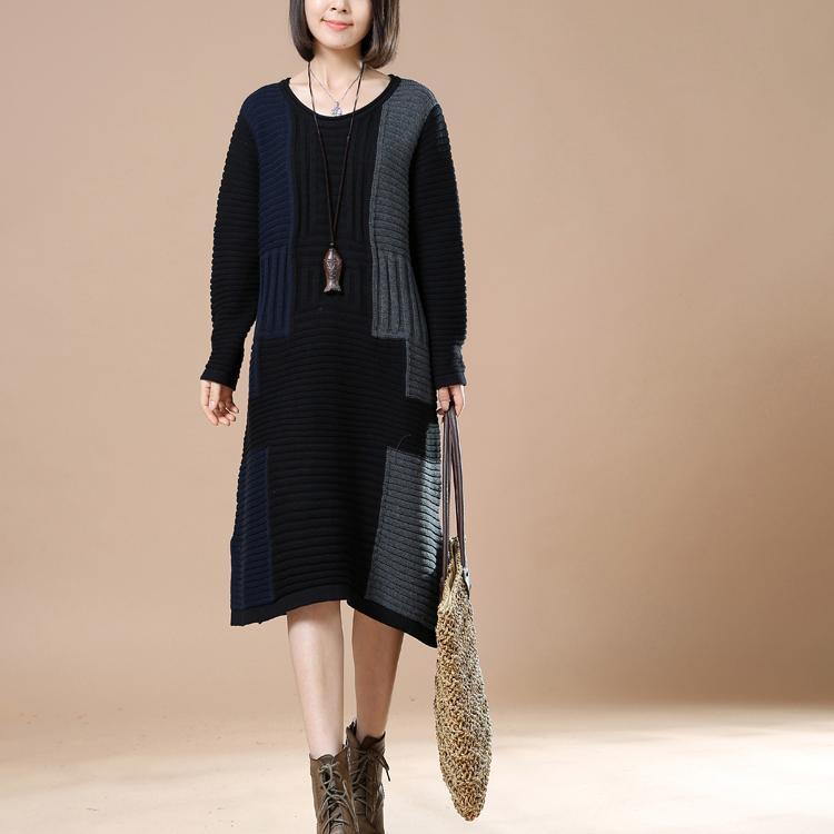 winter dress Black patchwork long sweaters - Omychic