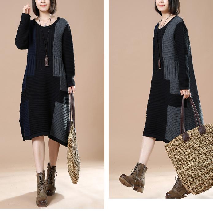 winter dress Black patchwork long sweaters - Omychic