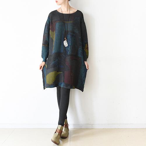 winter dress Sapphire print sweaters oversized woolen knit dresses - Omychic