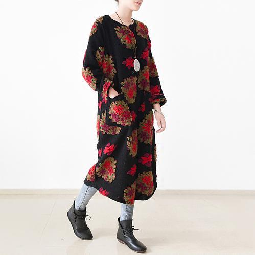 winter floral woolen dresses long woolen maxi dress casual style in red top quality - Omychic