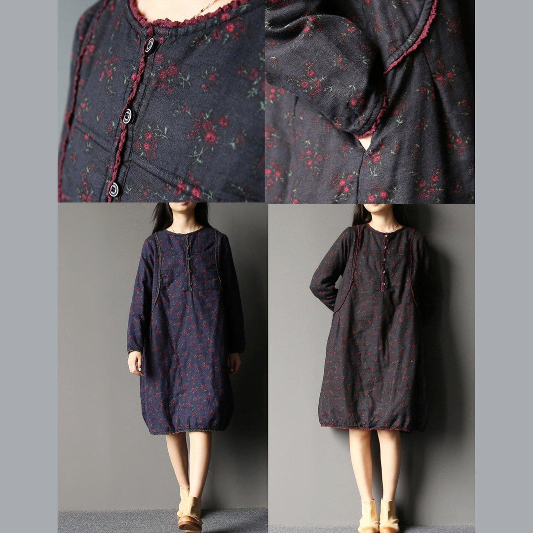 winter navy floral baggy dresses cotton blouse lace trim - Omychic
