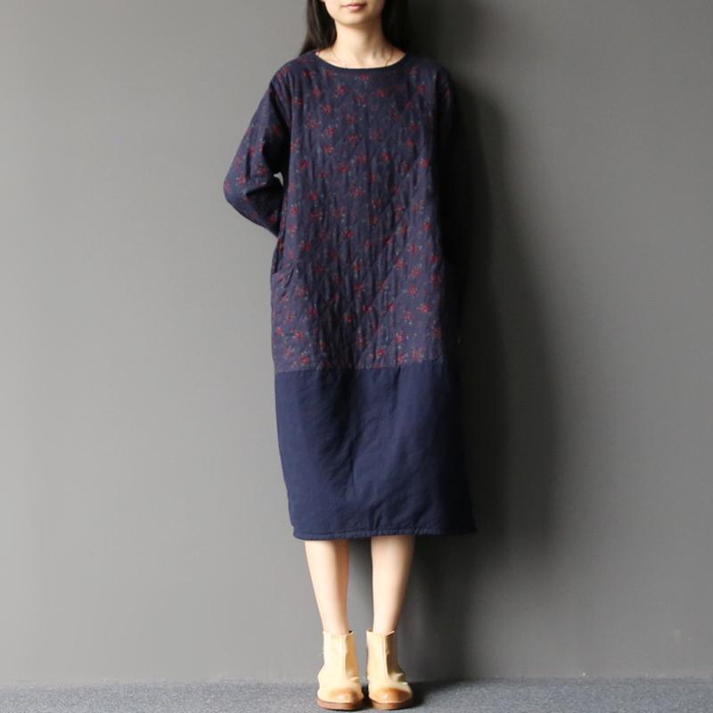 winter navy floral cotton dresses oversize pullover caftans - Omychic