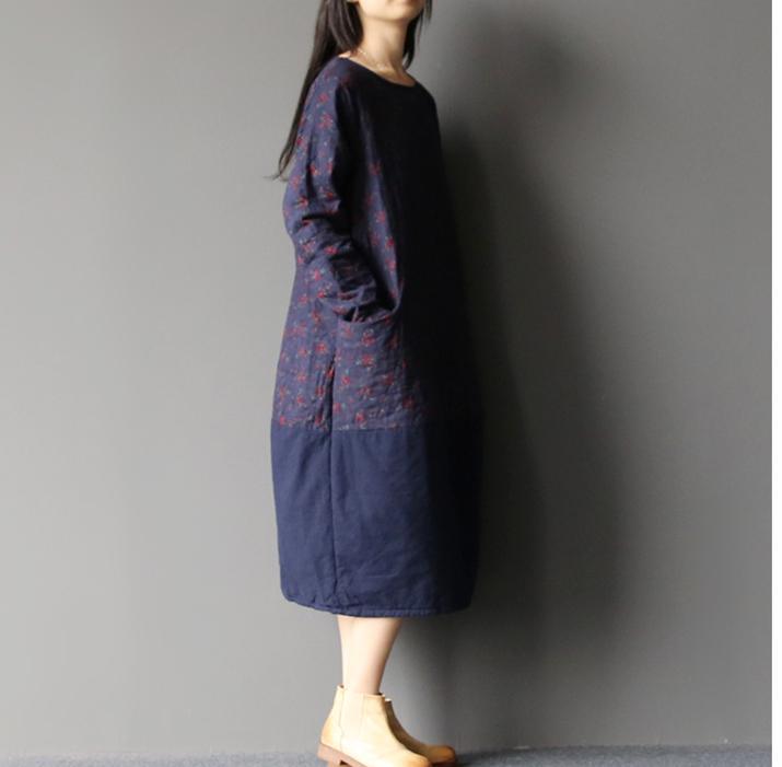 winter navy floral cotton dresses oversize pullover caftans - Omychic