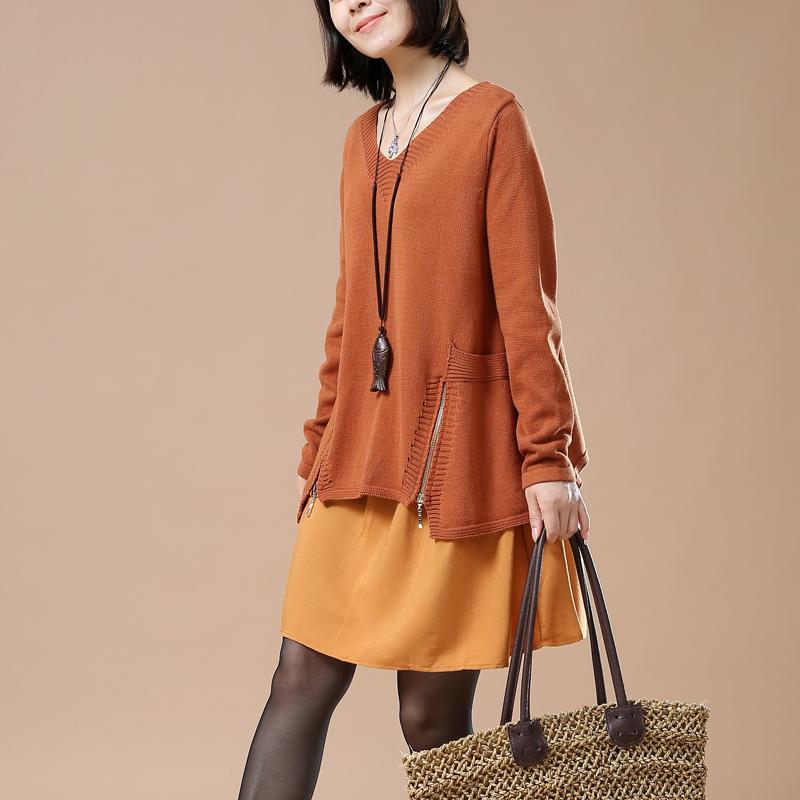 winter orange layered sweaters oversize layered pullover - Omychic