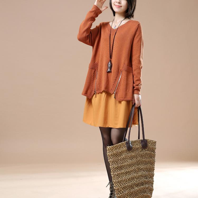 winter orange layered sweaters oversize layered pullover - Omychic