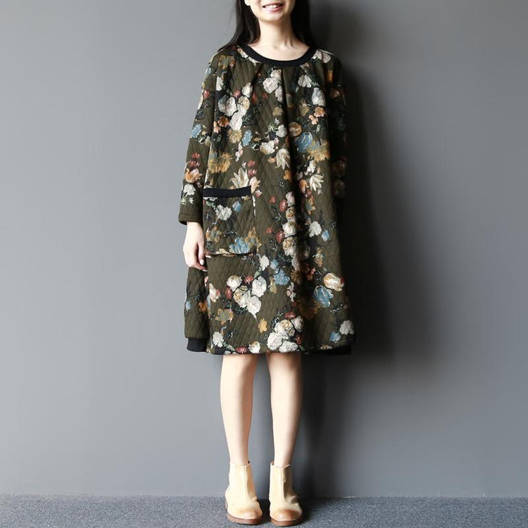 winter tea green floral cotton dresses plus size maternity dress - Omychic