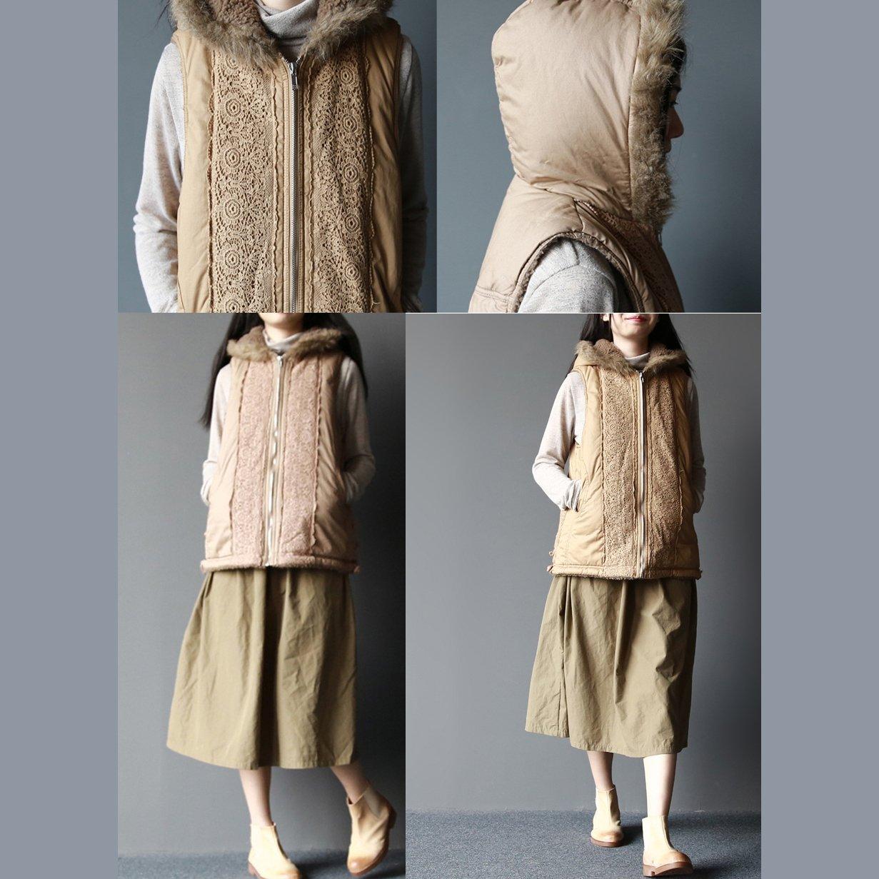winter warm khaki vest coats lace detailed down jacket woman - Omychic